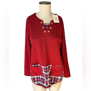 NWT Meinike Asian Made Red Plaid Layered Vintage Inspired Tunic Sweater Sz 42 XL